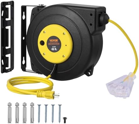 VEVOR Retractable Extension Cord Reel, 45 FT, Heavy Duty 12AWG/3C SJTOW Extension Power Cord with Lighted Triple Tap Outlet, 15A Circuit Breaker 180° Swivel Bracket for Ceiling or Wall Mount, Yellow