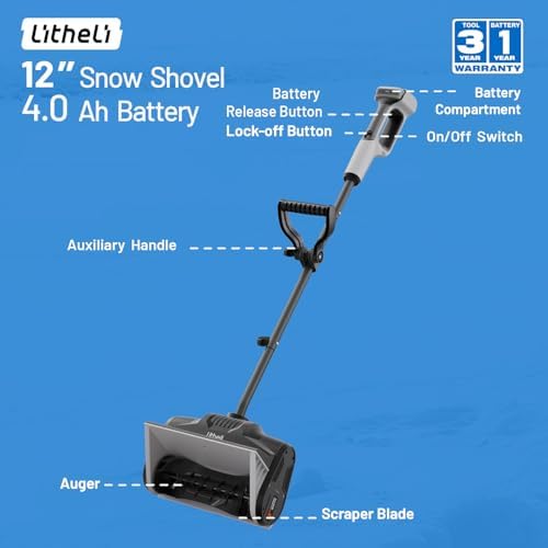 Litheli 20V Cordless Snow Shovel, 12'' Brushless Electric Snow Blower with 4Ah Batteries Included, Lightweight Battery-Powered Snow Thrower for Driveway & Sidewalk