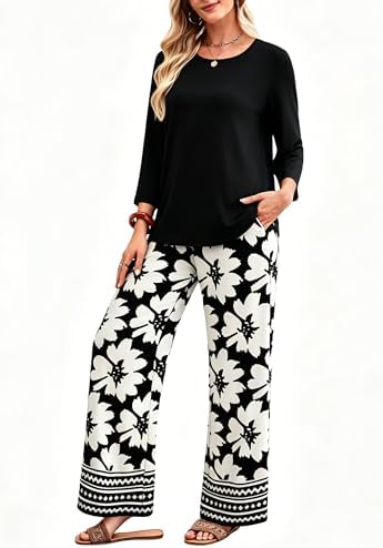 WIHOLL Two Piece Sets for Women Lounge 3/4 Length Sleeve Womens Tops Graphic Pants with Pockets Summer Outfits 2026