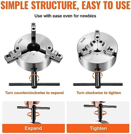 VEVOR 3-Jaw Lathe Chuck, 8'', Self-Centering Lathe Chuck, 0.16-8 in/4-200 mm Clamping Range with T-key Fixing Screws Hexagon Wrench, for Lathe 3D Printer Machining Center Milling Drilling Machine