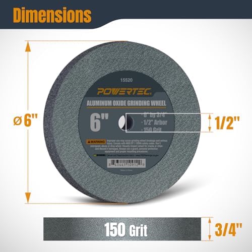POWERTEC Bench Grinder Wheel 6 Inch 150 Grit, Aluminum Oxide Grinding Wheel for Bench Pedestal Grinder, 3/4" Thick 1/2" Arbor, Sharpening & Shaping Drill Bits, Blade, and Chisel 1PK (15520)