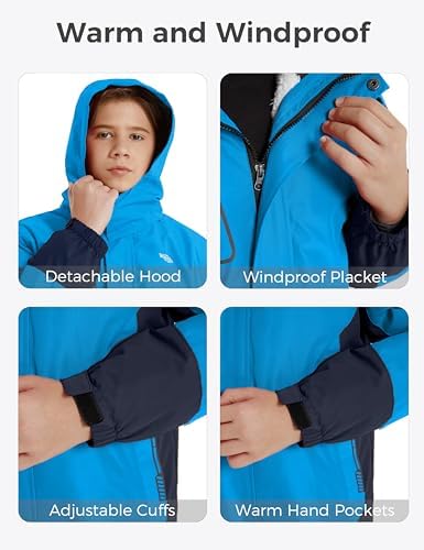 wantdo Boys' 3-in-1 Ski Jacket Fleece-Lined Winter Coat Hooded Raincoat