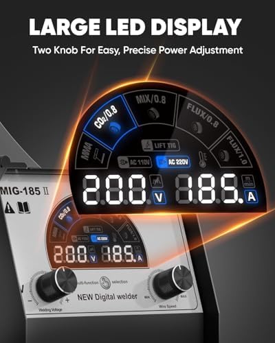 H HZXVOGEN 185A MIG Welder, 110V/220V Dual Voltage, 4-in-1 Gas MIG/Flux Core MIG/Lift TIG/Stick Welding Machine with Synergic Multiprocess Large LED Digital Display, IGBT Inverter