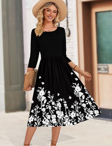 Zeagoo 3/4 Sleeve Women's Dress Casual Aline Summer Fall Midi Long Dresses