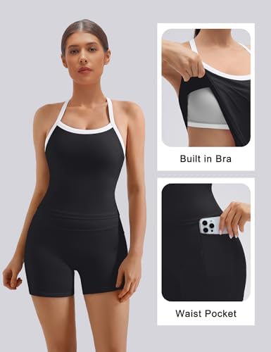 SUUKSESS Women 2 Piece Workout Sets High Waisted Biker Shorts with Pockets Built in bra Racerback Tank Tops