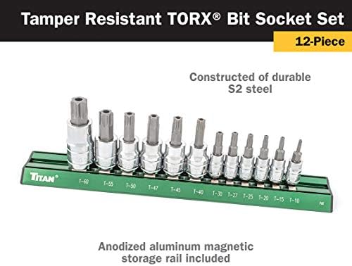 Titan 16121 12-Piece Tamper Resistant Torx Bit Socket Set, Magnetic Socket Organizer with Laser-Etched Size Markings