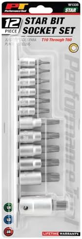 Performance Tool W1335 12-Piece Star Bit Socket Set | Hardened alloy steel. 1/4, 3/8 and 1/2-inch drive sizes from T10 to T60. Storage rail included