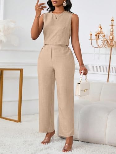 Floerns Women's 2 Piece Sets Dressy Outfits Bussiness casual Crew Neck Sleeveless Blouse and Elegant Pants Set