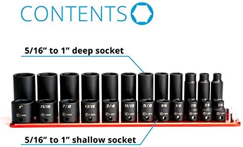 Capri Tools 3/8-Inch Drive Shallow and Deep Impact Socket Set, SAE, 5/16 to 1 in., Premium Chrome Molybdenum Steel, 24-Piece with Billet Aluminum Socket Rail