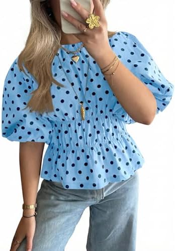 Cicy Bell Women Polka Dot Peplum Blouse Round Neck Puff Sleeve Summer Top