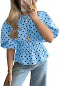Cicy Bell Women Polka Dot Peplum Blouse Round Neck Puff Sleeve Summer Top