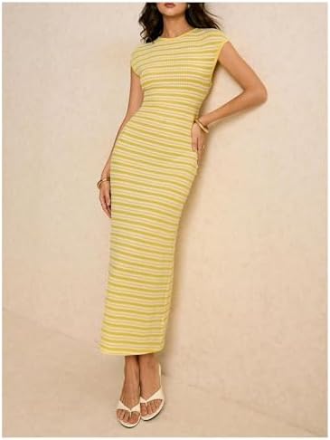 SOLY HUX Women's Striped Midi Dress Casual Work Knit Bodycon Summer Dresses