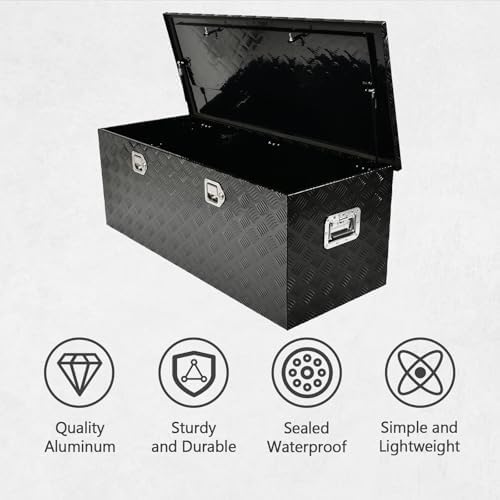 48 Inch Heavy Duty Aluminum Truck Tool Box Pick Up Truck Bed RV Trailer Toolbox Storage Organizer with Side Handle, Lock & Keys，Black,5 Bar Tread 48"(L) X19.5''(W) X17.5(H) Storage Box