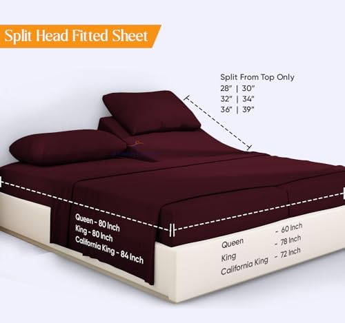 JS Sanders Collection 600TC Flex Top Cal-King Sheets for Sleep Number Bed - 100% Cotton 4 Pcs Top Split Sheets for Adjustable Bed, Cal-King 34 Inch Down Wine -18 Inch Deep