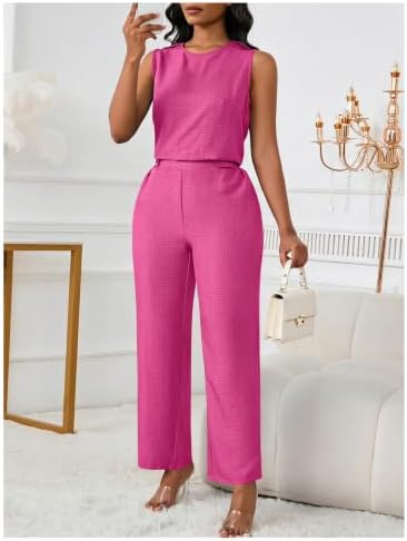 Floerns Women's 2 Piece Sets Dressy Outfits Bussiness casual Crew Neck Sleeveless Blouse and Elegant Pants Set