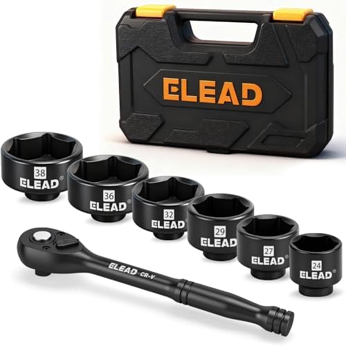 ELEAD 7-Piece 24-38mm Oil Filter Socket Wrench Set, 3/8'' Drive Oil Filter Cap Removal Tool, Oil-change Kit with 3/8'' Drive Ratchet Wrench Handle, Compatible with Toyota BMW Audi VW Porsche Vehicles