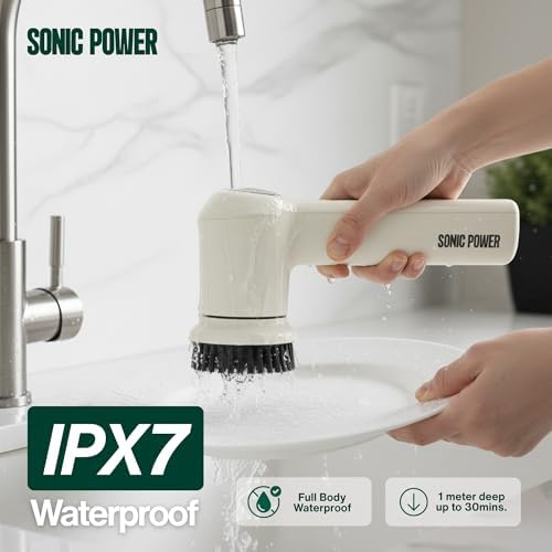 SonicPower Electric Spin Scrubber – Handheld & Ergonomic, IPX7 Waterproof, 4 Multi-Purpose Brush Heads, Long-Lasting Rechargeable Battery – Cleans Dishes, Bathroom, Tile, Grout & Kitchen (Beige)