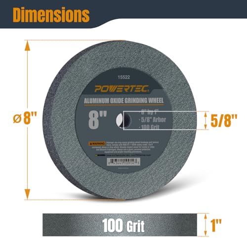 POWERTEC Bench Grinder Wheel 2PK, 8 Inch Grinding Wheel 100 Grit, Aluminum Oxide, 8 Bench Grinder Wheels for Pedestal & Benches, 1" Thick 5/8" Arbor, Sharpening Shaping Drill Bits, Knife -15522-P2