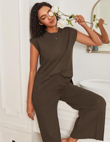 Ekouaer Lounge Sets for Women Two Piece Outfits Knit Cap Sleeve Tops Wide Leg Pleated Pants Casual Dressy Sweater Sets