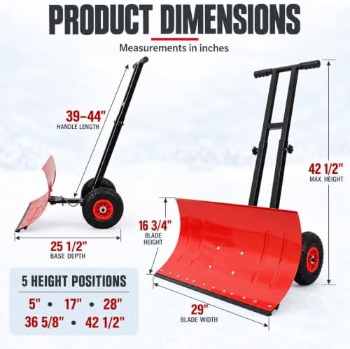 Snow Shovel with Wheels, for Efficient Snow Removal (Dual Bar - Red)