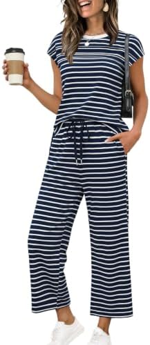 WIHOLL Two Piece Sets for Women Summer Spring Travel Vacation Outfits Cap Sleeve Lounge Matching Sets Wide Leg Pants S-3XL