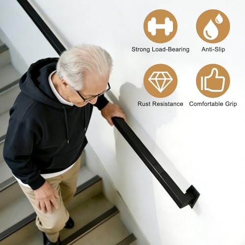 DTGN Stair Railing Indoor 4FT - Square Tube Handrail Metal Staircase Wall Mounted Handrails for Home Indoor Stairs Loft - Non-Slip W/Screws & Expansion Tube & Hex Wrench - White