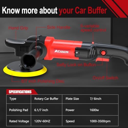AOBEN Car Buffer Polisher,Rotary polisher,1600W Car Polisher Waxer with 6 Variable Speed,4 Polishing Pads,Detachable Handle for Car Polishing and Waxing