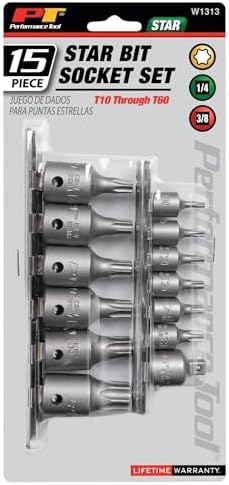 Performance Tool W1313 15-Piece 1/4 and 3/8 in. Drive Star Bit Socket Set | Diesel and car mechanic torque bits. Hardened alloy steel. Sand finish. T10 to T60. Includes adapter and rails