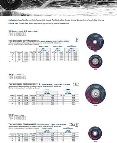 Weiler 58310 6 Inch Cutting Wheel, Tiger Ceramic Stainless Steel Superior Life & Cut Contaminant Free Max Performance Cutting, .045" CER60S Type 27 5/8"-11 Hub, Pack of 10