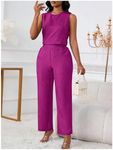 Floerns Women's 2 Piece Sets Dressy Outfits Bussiness casual Crew Neck Sleeveless Blouse and Elegant Pants Set