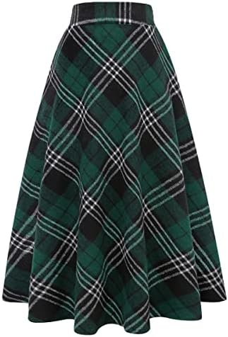 IDEALSANXUN Womens Plaid Wool Skirts Elastic Waist A-Line Pleated Tartan Long Skirts
