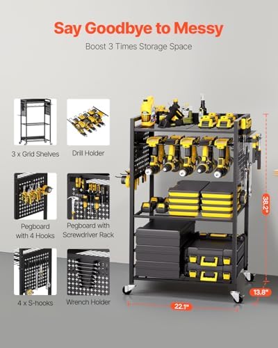 VEVOR 4-Tier Tool Organizer Cart, 150 lbs Load Capacity, Floor Stand Rolling Drill Holder and Stability Storage Rack, Heavy Duty Garage Floor Rolling Storage Cart for Workshop, Garage, Black