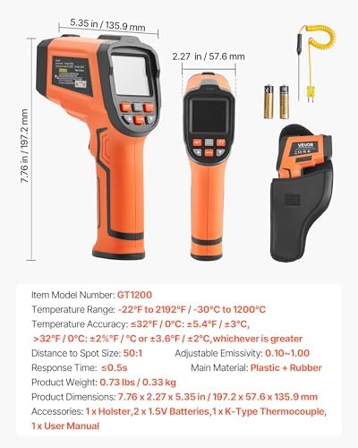 VEVOR Infrared Thermometer, -22℉ to 2192℉ Dual-Mode IR Thermometer Gun with K-Type Thermocouple, Dual Laser Heat Temperature Gun Non-Contact for Cooking Griddle Engine Industrial Use (Not for Human)