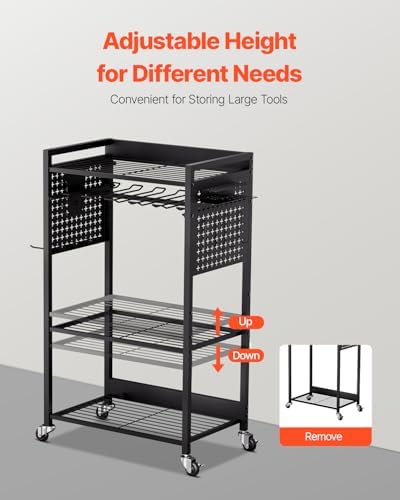 VEVOR 4-Tier Tool Organizer Cart, 150 lbs Load Capacity, Floor Stand Rolling Drill Holder and Stability Storage Rack, Heavy Duty Garage Floor Rolling Storage Cart for Workshop, Garage, Black