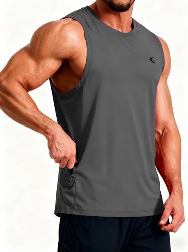 KPSUN Men's Quick Dry Workout Tank Top Summer Beach Shirt | UPF 50+ Sleeveless Gym Muscle Shirt with Hidden Pocket for Keys. Ideal for Gym Training, Outdoor Running, And Beach Workouts