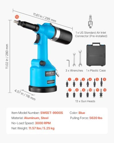 VEVOR Automatic Pneumatic Rivet Nut Gun Kit with 13PCS SAE & Metric Gun Heads, Industrial-Grade 5620LBS Pulling Force, Air Rivet Nut Tool for Automotive, Construction, Industrial Manufacturing