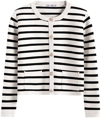 ANRABESS Women's Button Down Cropped Striped Cardigan Sweaters