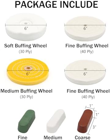 SCOTTCHEN 6inch Buffing Polishing Wheels 1/2" Arbor Hole,Soft/Fine/Medium for Bench Grinder Tool-4PCS,with Buffing Polishing Cutting Compounds 7.4 Oz.Kit