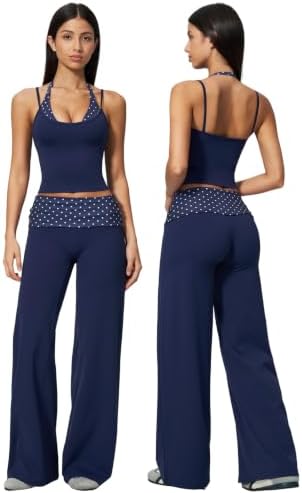 QBGJTD Womens Workout Sets Two Piece Striped Tank Top Wide Leg Yoga Pants Yoga Pilates Outfits