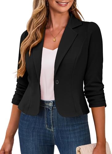 Traleubie Women's Cropped Blazer 3/4 Ruched Sleeve Business Casual