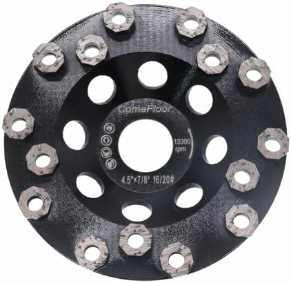 Diamond Grinding Cup Wheel for Hard Concrete Floor, Epoxy Coating Removal, 15 Aggressive Honeycomb Segments, 4.5 Inch 7/8" Arbor, 16/20 Grit