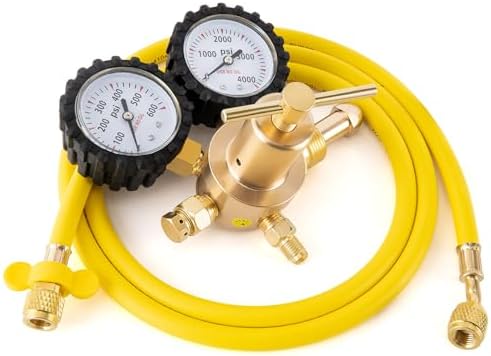Nitrogen Regulator CGA580 Inlet, 1/4-Inch Male Flare Outlet Connection, Heavy-Duty Handle, Self-reseating Relief Valve, Nitrogen Regulator Hvac (CGA580（0-600PSI with Hose）)