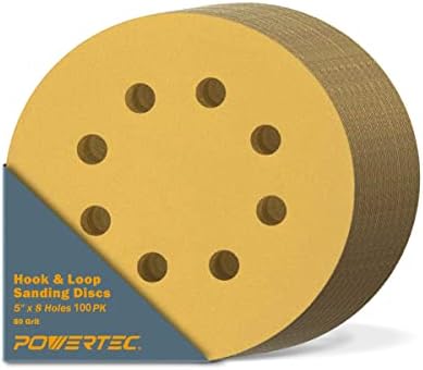 POWERTEC 100 PCS 80 Grit - 5 Inch 8 Hole Hook and Loop Sanding Discs, 5" Sanding Pads for Automotive, Drywall, Woodworking with Orbital Sander, DA Sander, Air Sander (44008G-50-P2)