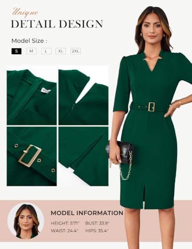 GRACE KARIN Women's Work Dress 3/4 Sleeve V Neck Bodycon Dress with Belt