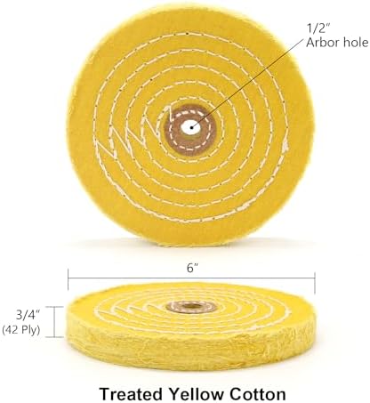 SCOTTCHEN Buffing Polishing Wheel 6 inch Treated Yellow Cotton Medium(42 Ply) with 1/2 inch Arbor Hole for Bench Grinder - 1 Pack