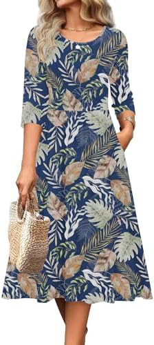 Zeagoo 3/4 Sleeve Women's Dress Casual Aline Summer Fall Midi Long Dresses