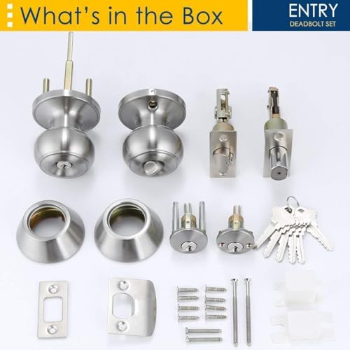 1 Pack Keyed Alike Entry Door Knob and Deadbolt Set, Satin Nickel Double Cylinder Deadbolt Lock Set, Round Style Door Knobs Deadbolt for Exterior/Front Door