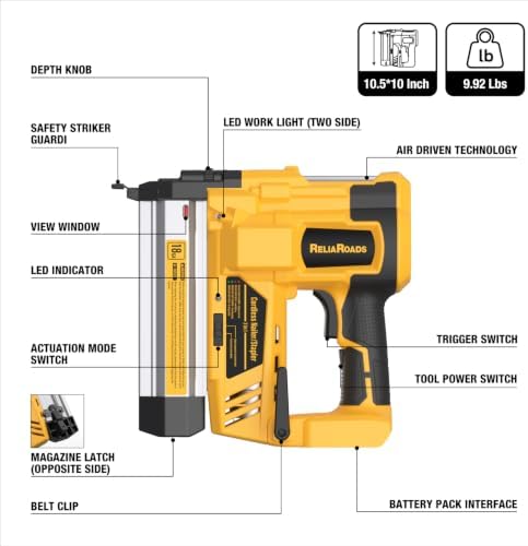 ReliaRoads 2" Cordless Brad Nailer, 18GA Nail Gun Battery Powered Compatible with DeWalt 20V MAX Battery, Electric Nailer Stapler with Nails Puller, Toolbag, 1600 Staples and Nails(No Battery)
