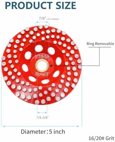5” Concrete Grinding Wheel, Diamond Grinding Cup Wheel for Marble Granite, Angle Grinder Cup Wheel Fits 7/8-5/8 Inch Arbor, 16/20 Coarse Grit, Dot Segment