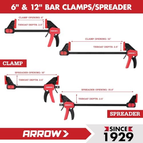 ARROW 4-Piece 6"(2) & 12"(2) Bar Clamps for Woodworking with 150LBS Force